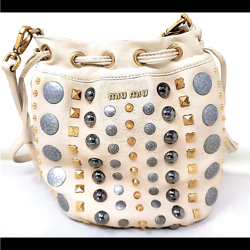 Miu Miu Off White Leather Studded Drawstring Bucket Bag